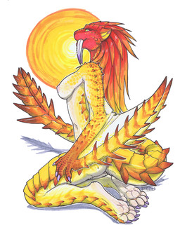anthro bare_back biped breasts butt claws fangs feet female hair kneeling membrane_(anatomy) membranous_wings navel nipples non-mammal_breasts nude paws pink_nipples pose purple_claws red_hair scales side_boob solo spikes spikes_(anatomy) sun tail teeth tusks wing_spikes wings yellow_body yellow_eyes yellow_scales iggi capcom european_mythology monster_hunter mythology barioth dragon flying_wyvern mythological_creature mythological_scalie pseudowyvern sand_barioth scalie western_dragon wyvern 2013 hi_res marker_(artwork) pinup traditional_media_(artwork)