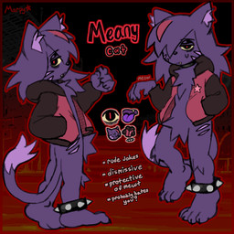 anklet anthro bottomless choker claws clothed clothing eye_bags eyeshadow facial_markings finger_claws fur hair head_markings hip_markings jacket jacket_only jewelry leg_markings long_hair long_tail makeup male markings necklace pupils purple_body purple_fur red_eyes slit_pupils solo tail toe_claws topwear topwear_only marpystar homestuck ms_paint_adventures meany_(marpystar) domestic_cat felid feline felis mammal 1:1 hi_res model_sheet