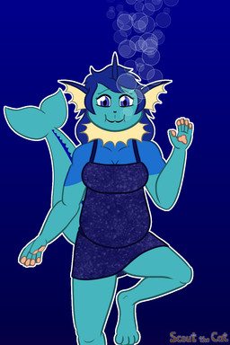 air_bubble anthro blue_body blue_clothing blue_eyes blue_hair breasts cleavage clothed clothing female frill_(anatomy) gesture hair holding_breath looking_at_viewer one-piece_swimsuit pattern_clothing pawpads paws slightly_chubby solo swimming swimwear tail thick_thighs underwater water waving waving_at_viewer scoutthecat02 nintendo pokemon emma_keary eeveelution generation_1_pokemon pokemon_(species) vaporeon 2:3 hi_res