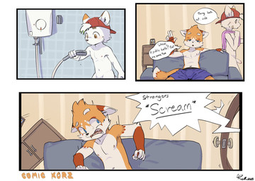 3_panel_comic 5_fingers amber_eyes anthro athletic athletic_anthro athletic_male backwards_baseball_cap backwards_hat band-aid bandage baseball_cap biped black_nose black_text blue_bottomwear blue_clothing blue_eyes blue_shorts border bottomwear brown_body brown_ears brown_eyebrows brown_fur brown_markings bulge casual_exposure cheek_tuft clothed clothed_anthro clothed_male clothing countershade_face countershade_fur countershade_neck countershade_torso countershading cute_fangs dialogue dipstick_ears door door_handle doorknob duo ear_markings eye_markings eyebrows facial_tuft fangs fingerless_(marking) fingers foreskin fur furgonomic_headwear furgonomics furniture genitals gesture half-erect hand_gesture hat hat_only head_tuft headgear headgear_only headwear headwear_only holding_object holding_towel humanoid_genitalia humanoid_hands humanoid_penis inside iris looking_at_object male male_anthro markings monotone_body monotone_fur mostly_nude mostly_nude_anthro mostly_nude_male mouth_closed multicolored_body multicolored_ears multicolored_fur navel nipples offscreen_character on_sofa open_mouth orange_body orange_ear_tips orange_fur orange_text penis pink_nipples pink_tongue pink_towel pointy_speech_bubble pupils red_baseball_cap red_clothing red_hat red_headwear screaming shorts shower shower_head sitting sitting_on_sofa slim slim_anthro slim_male sofa speech_bubble spread_legs spreading standing surprised talking_to_another teeth text tile tile_wall tongue topless topless_anthro topless_male towel towel_on_shoulder tuft unretracted_foreskin walking wall_(structure) wallpaper_(decoration) white_body white_border white_countershading white_ear_tips white_ears white_eyebrows white_fingers white_fur white_inner_ear white_sclera white_speech_bubble white_tuft wide_eyed young young_anthro young_male sharparadise sharparadise_(character) skate_(sharparadise) canid canine canis domestic_dog fox mammal 2025 comic dated english_text hi_res multiple_scenes signature
