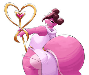 anthro arched_back big_butt big_tail butt cleric double_bun female hair hair_over_eye half-closed_eyes hood huge_tail looking_back narrowed_eyes pink_body priest solo staff tail i_will_dance_only_if_the_beat_is_funky gecko lizard reptile scalie absurd_res hi_res