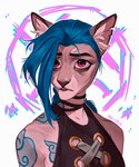 abstract_background alternate_species anthro black_clothing black_topwear blue_hair brown_body brown_fur brown_nose clothed clothing female front_view fur glistening glistening_eyes hair long_hair red_eyes solo topwear marie_merkh league_of_legends riot_games tencent jinx_(lol) domestic_cat felid feline felis mammal 5:6 absurd_res bust_portrait hi_res portrait signature