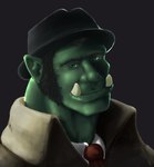 black_clothing black_hat black_headwear clothed_male clothing detective eyebrows green_body green_eyes green_skin hat headgear headwear looking_at_viewer male necktie red_necktie solo teeth unibrow pandottermon humanoid orc headshot_portrait portrait