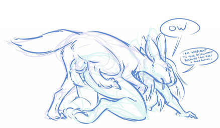 all_fours anthro anthro_on_feral anthro_penetrated backsack balls bestiality commentary dialogue discomfort doggystyle duo female female_on_feral female_penetrated feral feral_penetrating feral_penetrating_anthro feral_penetrating_female from_behind_position genitals interspecies male male/female male_on_anthro male_penetrating male_penetrating_female nude penetration penile penile_penetration penis penis_in_vagina sex simple_background text tongue tongue_out vaginal vaginal_penetration white_background gavbat canid canine canis jackal lagomorph leporid mammal rabbit 2014 digital_drawing_(artwork) digital_media_(artwork) english_text monochrome sketch