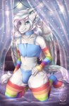 anthro armwear bottomwear bulge clothed clothing collar crossdressing elbow_gloves feathered_wings feathers femboy fur gloves hair handwear legwear lgbt_pride male panties panties_bulge penis_in_panties pride_colors six-stripe_rainbow_pride_colors smile solo tail thigh_highs underwear wings kotezio mythology kalmor dragon furred_dragon furred_scalie mythological_creature mythological_scalie scalie digital_media_(artwork) hi_res nonbinary_(lore)