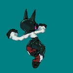 anthro black_body black_bottomwear black_clothing black_ears black_fur bottomwear butt clothing female fur glistening glistening_bottomwear glistening_clothing green_background motion_lines red_eyes simple_background solo sprite_animation sprite_art white_clothing yellow_sclera jg_genesiskeys mute_(jg_genesiskeys) domestic_cat felid feline felis mammal 2023 animated low_res thumbnail