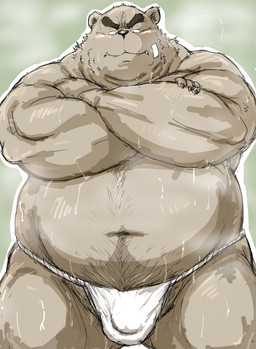 anthro asian_clothing band-aid bandage barazoku belly big_belly biped blush bodily_fluids bulge clothing east_asian_clothing front_view fundoshi japanese_clothing kemono kneeling male muscular muscular_anthro muscular_male obese obese_anthro obese_male overweight overweight_anthro overweight_male simple_background solo steam sweat underwear white_clothing white_underwear kotobuki bear mammal 2015 absurd_res hi_res