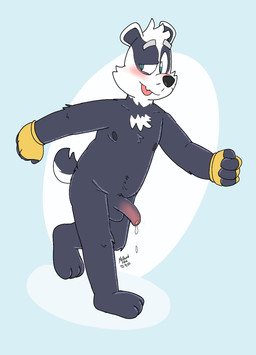 3_toes 4_fingers anthro balls black_body black_fur blue_eyes blush bodily_fluids chest_tuft clothing dripping feet fingerless_gloves fingers foreskin fur genital_fluids genitals gloves gloves_only handwear handwear_only humanoid_genitalia humanoid_penis male mostly_nude nipples penis precum precum_drip solo tail toes tongue tongue_out tuft whiskers white_body white_fur yellow_clothing yellow_fingerless_gloves yellow_gloves yellow_handwear manchotchaud bradley_the_badger_(game) bradley_(bradley_the_badger) badger mammal mustelid musteline 2025 dated hi_res signature