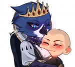 anthro bald blue_body blue_feathers blush blush_lines chibi crown duo feathers female headgear larger_female love male male/female queen royalty size_difference wings kurosita mythology alien avian gryphon human humanoid mammal mythological_avian mythological_creature