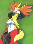 3:4 anthro big_breasts breasts canid delphox female fur generation_6_pokemon hi_res lion_granny mammal nintendo open_mouth pokemon pokemon_(species) solo under_boob