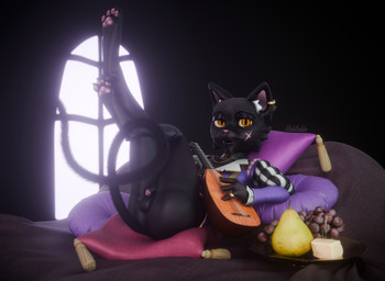 4_fingers 4_toes abstract_background anthro bard black_body black_fur bottomless cheese claws clothed clothing collar dairy_products fantasy feet femboy fingers food fruit fur genitals grape half_naked legs_up looking_at_viewer lute lying male musical_instrument on_back open_mouth orange_eyes pawpads paws pear penis piercing pillow pink_pawpads plant plucked_string_instrument presenting ring ring_piercing scar solo string_instrument tail teasing toes hobkobbo dungeons_and_dragons hasbro wizards_of_the_coast fan_character felid feline mammal tabaxi 3d_(artwork) absurd_res digital_media_(artwork) full-length_portrait hi_res portrait