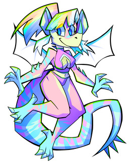anthro back_wings bikini blep blue_eyes blue_tongue breasts chibi claws clothing facial_horn female finger_claws hair horn mottled_tail multicolored_body multicolored_hair navel non-mammal_breasts nose_horn pointy_ears sickle_claw snout solo spiked_arms spiked_tail spikes spikes_(anatomy) swimwear tail toe_claws tongue tongue_out two-piece_swimsuit wings nintala mythology venus_(nintala) dragon mythological_creature mythological_scalie scalie
