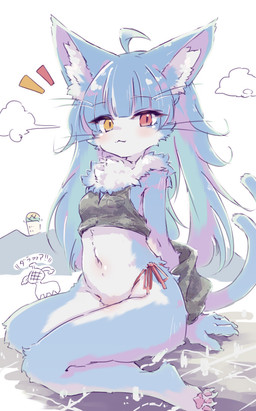 4_toes :3 ahoge ambiguous_gender anthro barefoot biped blue_arms blue_body blue_fur blue_hair blue_legs blue_tail blush camo camo_clothing camo_print camo_topwear cheek_tuft claws clothed clothing cloud countershade_face countershade_fur countershade_legs countershade_torso countershading crotch_tuft eyebrow_through_hair eyebrows eyelashes facial_tuft feet femboy finger_claws fingers fluffy fluffy_chest forked_tail fur hair heterochromia inner_ear_fluff kemono knee_tuft leg_tuft long_hair looking_at_viewer multicolored_body navel neck_tuft partially_submerged pattern_clothing pattern_topwear pawpads paws pink_pawpads red_clothing red_eyes side-tie_bikini_bottom sitting smile soles solo tail text toe_claws toes topwear translucent translucent_hair tuft unusual_anatomy unusual_tail whiskers white_body white_countershading white_fur white_inner_ear_fluff white_legs yellow_eyes kolshica japan_air_self-defense_force omaneko_(jasdf) domestic_cat felid feline felis mammal digital_media_(artwork) full-length_portrait hi_res japanese_text portrait male_(lore)