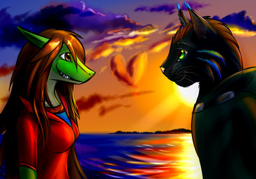 anthro clothing cloud costume duo female fur hair heart_symbol long_hair love male multicolored_body multicolored_fur romantic romantic_ambiance romantic_couple sea side_view sky smile sun sunset teeth tuft water furrytiger_2012 domestic_cat felid feline felis mammal reptile scalie snake 2016 digital_media_(artwork) hi_res