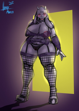 2_horns anthro areola areola_slip arm_warmers armwear bedroom_eyes belly big_breasts biped blush bra breasts camel_toe clothing female female_anthro fishnet_stockings floppy_ears footwear fur garter_belt garter_straps high_heels horn huge_breasts lingerie lips looking_at_viewer narrowed_eyes nipples panties seductive shoes solo standing thick_lips translucent translucent_clothing underwear voluptuous_anthro voluptuous_female white_body white_fur year hornymarco undertale_(series) toriel boss_monster_(undertale) 2022 absurd_res colored dated full-length_portrait hi_res portrait shaded signature
