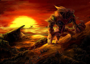 5_fingers anthro biped claws detailed_background fingers glowing glowing_eyes group outside red_eyes sharp_teeth sky solo_focus standing sun sunset teeth trio zin_(mame_denkyu) konami yu-gi-oh! alien_hypno alien_telepath alien_warrior alien duel_monster monster orange_theme