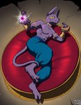 abs anthro bed eating energy food furniture gold_(metal) gold_jewelry hairless jewelry looking_at_viewer magic male muscular pawpads paws purple_body solo nx-42 dragon_ball dragon_ball_super beerus deity domestic_cat felid feline felis hairless_cat mammal sphynx_(cat) absurd_res hi_res