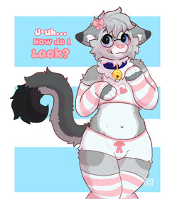 anthro arm_warmers armwear bashful bell bell_collar blep blue_collar blue_eyes blush bottomwear bow_ribbon clothed clothing collar crop_top dipstick_ears dipstick_fingers dipstick_tail ear_markings eyewear femboy fur glasses gold_bell grey_body hair heart_symbol hotpants knock-kneed leg_warmers legwear male markings midriff multicolored_ears pink_nose ribbons shirt shorts shy side_eye simple_background smile solo spots spotted_markings tail tail_markings text thigh_highs tongue tongue_out topwear whiskers artistic_dot nixuelle domestic_cat egyptian_mau felid feline felis mammal 2025 absurd_res digital_media_(artwork) english_text hi_res