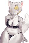 anthro big_breasts bikini black_bikini black_clothing black_swimwear blonde_hair breasts clothing dipstick_tail eye_through_hair eyebrows eyelashes female fur grey_body grey_eyes grey_fur grey_hair hair hair_over_eye inner_ear_fluff kemono markings navel neck_tuft solo swimwear tail tail_markings thick_thighs translucent translucent_hair tuft two-piece_swimsuit wide_hips inuuuuuuuun limbus_company project_moon kromer_(limbus_company) canid canine canis mammal 2025 hi_res