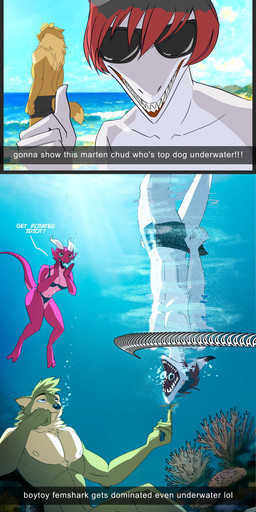 beach bikini bubble clothing dialogue eyewear female group horn male nipples prank recording screaming sunglasses swimming swimming_trunks swimwear tail text trio two-piece_swimsuit underwater water thewyvernsweaver discovery_channel get_rotated_idiot instant_loss_2koma shark_week snapchat alex_lcut kaelan tori_(lcut) blacktip_reef_shark carcharhinus fish gulonine kobold mammal marine marten mustelid musteline pine_marten reef_shark requiem_shark scalie shark 2025 absurd_res comic english_text hi_res