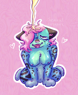 anthro asymmetrical_hair bedroom_eyes bodily_fluids breasts brown_spots chest_tuft degradation eyelashes fangs female fur genital_fluids hair hair_over_eye hands_between_legs heart_symbol humiliation kneeling leopard_spots looking_at_viewer looking_pleasured narrowed_eyes navel nipples pink_hair pink_mouth pink_nipples seductive smile solo spots teal_body teal_fur teeth text tuft urine urine_on_head urine_on_self urine_splash urine_splatter urine_stream watersports chemicalcreature mintie_(chemicalcreature) felid leopard mammal pantherine 2025 artist_name colored digital_drawing_(artwork) digital_media_(artwork) shaded signature watermark