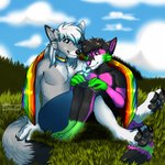 anthro bent_legs cloud collar cuddling duo flag flag_(object) forest forest_background fur grass hands_on_knees hands_on_legs hands_on_own_knees hands_on_own_legs happy holding_both_knees holding_both_legs knees_pulled_up knock-kneed legs_together lgbt_pride male male/male multicolored_body multicolored_fur nature nature_background pawpads paws plant planted_legs pride_color_accessory pride_color_collar pride_color_flag pride_colors rainbow_collar rainbow_flag rainbow_pride_colors rainbow_pride_flag rainbow_symbol sitting sitting_on_ground six-stripe_rainbow_pride_colors tree wearing_flag sting_12 daimion_kai_zafox dante_kinkade arthropod butterfly canid canine canis fox insect lepidopteran mammal wolf 1:1 hi_res