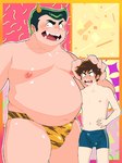 anthro belly big_belly blush bulge clothed clothing duo erection erection_under_clothing horn male male/male moobs navel nipples overweight overweight_male underwear dixsept_ura urusei_yatsura lum's_father horned_humanoid human humanoid mammal 2023 3:4 hi_res