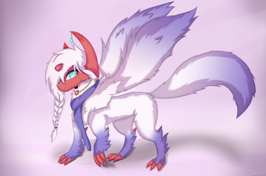 blue_eyes braided_hair claws feral gem gradient_fur hair horn male mostly_nude red_body scarf scarf_only solo tail wings joeumbre nintendo pokemon izuna_the_mega_absol generation_6_pokemon mega_absol mega_evolution pokemon_(species) hi_res