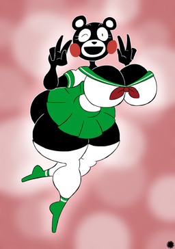 4_fingers anthro asian_clothing big_breasts big_butt black_body black_fur bottom_heavy bottomwear breasts bubble_butt butt clothing curvy_figure east_asian_clothing eyelashes facial_markings female fingers footwear fur gesture hand_gesture head_markings japanese_clothing japanese_school_uniform legwear logo looking_at_viewer markings muzzle_(marking) one_eye_closed open_mouth open_smile red_cheeks school_uniform serafuku shoes side_butt skirt smile socks solo spherical_breasts text thick_thighs thigh_highs thigh_socks uniform v_sign wide_hips wink winking_at_viewer thatdawgmurray kumamon_(mascot) bear mammal absurd_res aliasing artist_logo artist_name digital_media_(artwork) hi_res signature