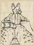 anthro anus arm_support biped butt female genitals leaning_on_elbow looking_back lying nude on_front pussy raised_tail rear_view seductive smile solo spread_legs spreading tail towel syrinoth felid feline mammal serval monochrome sketch traditional_media_(artwork)