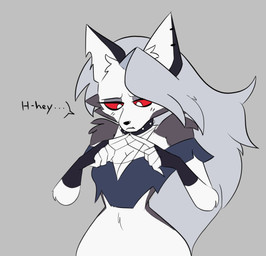 anthro arm_tuft black_clothing black_gloves black_handwear black_nose breasts cheek_tuft cleavage clothed clothing collar dialogue ear_piercing eyelashes facial_tuft female fingerless_gloves front_view fur gloves grey_background grey_body grey_clothing grey_fur grey_hair grey_topwear hair handwear long_hair navel notched_ear piercing pouting red_sclera shoulder_tuft simple_background solo studded_collar studs text topwear tuft white_body white_eyes white_fur wide_hips zhenai hellaverse helluva_boss mythology loona_(helluva_boss) canid canid_demon canine demon hellhound mammal mythological_canine mythological_creature english_text