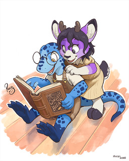 anthro antlers black_hair blue_body book brown_antlers brown_clothing brown_overalls clothed clothing dipstick_tail duo eyelashes eyewear fangs fur glasses glistening glistening_eyes hair holding_book holding_object horn logo male markings open_mouth open_smile orange_eyes overalls purple_body purple_fur reading reading_book round_glasses shirt sitting smile spots spotted_arms spotted_legs spotted_markings spotted_tail standing t-shirt tail tail_markings tan_dress teeth topwear white_body white_clothing white_fur white_shirt white_t-shirt white_topwear young young_anthro young_male pandapaco deer mammal scalie species_request artist_logo signature