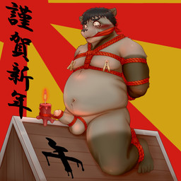 anthro balls bdsm black_hair blush bodily_fluids bondage bound brown_body candle cloth_gag erection foreskin frown gag genital_rope genitals hair hands_behind_back humanoid_genitalia humanoid_penis male navel nipple_clamp nude overweight penis penis_rope red_rope restraints retracted_foreskin rope rope_bondage rope_harness side_view simple_background solo sweat tears wooden_horse_(device) jackboot_ihi bear mammal 1:1 absurd_res hi_res