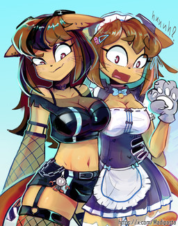 alternate_costume alternative_fashion arm_around_waist armwear blush cameo clothing confusion duo female female/female fishnet_armwear fishnet_clothing fishnet_legwear gloves goth handwear legwear maid_uniform paw_gloves square_crossover tail text uniform waist_grab madipasta gameoverse glitch_productions x_(social_media) kaboodle_(gameoverse) kit_bodega domestic_cat felid feline felis mammal 2026 absurd_res hi_res portrait three-quarter_portrait url