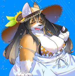 4_fingers anthro big_breasts bikini bikini_top blonde_hair blue_background breasts brown_body brown_fur brown_hair cleavage clothed clothing dress ears_through_headwear eyebrow_through_hair eyebrows eyelashes eyes_closed fangs female fingers flower flower_in_hat fur gloves_(marking) hair hair_wrapped_around_finger hat headgear headwear huge_breasts kemono leaf markings multicolored_body multicolored_fur multicolored_hair open_mouth overweight overweight_anthro overweight_female pawpads plant simple_background smile snout solo sparkles sun_hat sunflower swimwear teeth three-quarter_view translucent translucent_hair two-piece_swimsuit water white_body white_clothing white_dress white_fur onlysoryu chunithm chunithm_luminous sega sega_fave inuhiro_mimimi canid canine canis domestic_dog mammal 2024 absurd_res half-length_portrait hi_res portrait