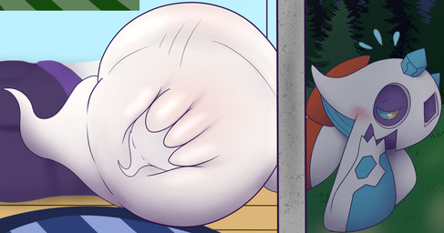 ambiguous_gender anthro bed big_butt blue_eyes blush bodily_fluids butt butt_grab carpet deep_skin disembodied_hand duo furniture hand_on_butt huge_butt hyper hyper_butt inside looking_back narrowed_eyes outside plant semi-anthro side_view solo_focus stuck sweat sweatdrop through_wall tree white_body yellow_sclera pandashorts nintendo pokemon froslass generation_4_pokemon ghost pokemon_(species) spirit 2020 digital_media_(artwork) hi_res
