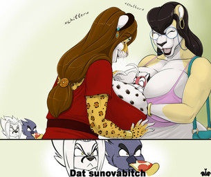 angry anthro beak big_breasts black_body black_feathers black_hair bracelet breasts brown_hair clothing eyes_closed eyewear feathers female feral food footwear fur glasses group hair huge_breasts jewelry lower_lip male markings multicolored_body multicolored_fur open_mouth pepperoni pepperoni_pizza pizza pizza_slice profanity purse red_body red_fur shoes spots spotted_body spotted_fur text two_tone_body two_tone_fur white_body white_fur white_hair yellow_body yellow_eyes yellow_fur blackfox85 deon_(deonwolf) gin_(blackfox85) jaeh_(character) jannie_(blackfox85) kitty_vanilji avian bird canid canine canis corvid corvus_(genus) crow felid fox jaguar lion mammal oscine pantherine passerine wolf 2016 digital_media_(artwork) english_text