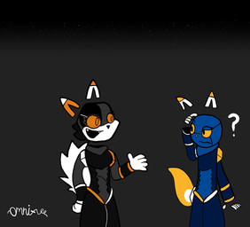 5_fingers alternate_form ambiguous_gender anthro black_hair black_nose black_thighs bloodlust blue_body confusion dipstick_ears duo ear_markings facial_tuft female fingers fire flaming_tail floating_ears floating_fingers floating_head freckled_face freckles glowing glowing_eyes grey_body hair happy larger_female looking_at_another m.smile_occurrence machine markings mascot multicolored_ears ominous orange_ear_tips orange_ears orange_eyes question_mark raised_arm scratching_head simple_background size_difference spots spotted_markings standing tail teeth_showing tuft white_ear_tips white_ears white_fingers white_fire white_hands white_mouth white_nose yellow_ear_tips yellow_eyes omni-vee e621 esix mono-six domestic_cat felid feline felis mammal robot robot_anthro 2026 signature