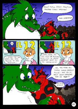 anthro body_size_growth female giga group growth_lines macro male motion_lines muscular muscular_female muscular_male news news_report onomatopoeia profanity size_difference size_transformation smooch_(sound_effect) sound_effects speech_bubble spikes spikes_(anatomy) text transformation trio dnapalmhead redsaber third-party_edit mythology canid canine canis domestic_dog dragon mammal mythological_creature mythological_scalie scalie comic english_text