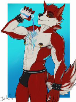 abs anthro armpit_hair body_hair bottle bulge claws clothed clothing container detailed_bulge ear_piercing ear_ring jockstrap jockstrap_only liquid male muscular muscular_anthro muscular_male nipple_piercing nipples pecs piercing pouring pubes red_body ring_piercing solo tail teeth topless underwear underwear_only wet wet_body white_body yellow_eyes jack_the_dragon mythology lycan_west_(fortnite) canid canine canis mammal mythological_canine mythological_creature werecanid werecanine werecreature werewolf wolf absurd_res hi_res