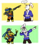 anthro dabbing duo ellipsis fur gesture green_body green_skin hand_gesture markings red_body red_skin smile thumbs_up white_body white_fur lesbianleonardo rise_of_the_teenage_mutant_ninja_turtles teenage_mutant_ninja_turtles usagi_yojimbo leonardo_(tmnt) miyamoto_usagi lagomorph leporid mammal pond_slider rabbit red-eared_terrapin reptile scalie terrapin turtle meme