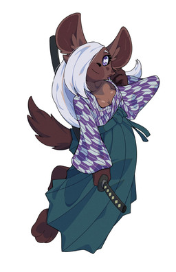 3_toes anthro asian_clothing barefoot biped bottomwear breasts brown_body brown_fur brown_tail cleavage cleavage_cutout clothed clothed_anthro clothed_female clothing countershade_fur countershade_torso countershading cutout deep_cleavage east_asian_clothing feet female front_view fully_clothed fully_clothed_anthro fully_clothed_female fur hair holding_melee_weapon holding_object holding_sword holding_weapon japanese_clothing kimono looking_at_viewer melee_weapon paws plantigrade purple_eyes simple_background solo sword tail toes topwear weapon white_background white_hair nulia jk_(el-k) hyena mammal 2025 digital_media_(artwork) hi_res
