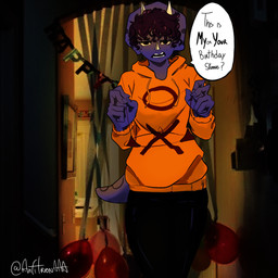 anthro black_bottomwear black_clothing black_pants bottomwear clothed clothed_anthro clothed_female clothing curly_hair detailed_background dialogue fantasy_slur female fingers frill_(anatomy) front_view frown hair happy_birthday holding_bikini_top hoodie humanoid_hands humor inside looking_at_viewer pants photo_background purple_body purple_eyes purple_hair short_hair short_tail solo standing tail talking_to_viewer text topwear unimpressed yellow_clothing yellow_hoodie yellow_topwear anfitrionaaa cavemanon_studios goodbye_volcano_high ko_op_(game_developer) snoot_game trish_(gvh) ceratopsian ceratopsid chasmosaurine dinosaur marginocephalian ornithischian prehistoric_species reptile scalie triceratops 1:1 absurd_res artist_name colored compression_artifacts english_text hi_res mixed_media photography_(artwork) portrait shaded three-quarter_portrait