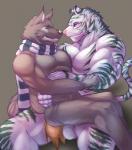 abs anthro athletic balls biceps big_muscles blue_eyes brown_body brown_fur brown_nose clothing duo eyes_closed fur genitals green_body green_fur grin hug interspecies male male/male markings muscular muscular_male nose_to_nose nude pecs pink_nose pose scarf smile stripes touching_noses white_body white_fur istani november canid canine canis felid mammal pantherine tiger wolf 2014