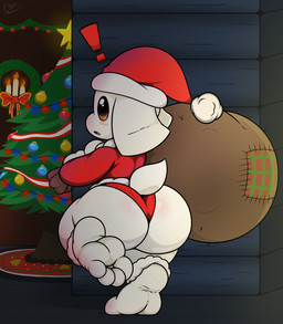 4_toes anthro barefoot big_butt butt christmas_clothing christmas_headwear christmas_tree clothing feet foot_fetish fur hat headgear headwear hindpaw holidays male paws plant plantigrade sack santa_hat soles solo toes topwear tree white_body white_fur electricsnowfox cave_story christmas lagomorph mammal mimiga absurd_res hi_res
