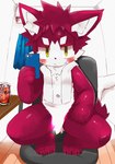 ambiguous_gender anthro beverage black_claws blush blush_lines body_blush chair cheek_tuft claws crouching electronics facial_tuft featureless_crotch fur furniture furrowed_brow glistening hair hand_on_leg hand_on_thigh holding_object holding_phone inner_ear_fluff inside kemono looking_at_viewer multicolored_body multicolored_fur narrowed_eyes navel neck_tuft on_chair phone pupils red_body red_fur red_hair red_tail sitting sitting_on_chair slit_pupils solo suggestive tail taking_picture tuft two_tone_body two_tone_face two_tone_fur young young_ambiguous young_anthro dinogaize hina_(dinogaize) canid canine canis domestic_dog mammal 2020