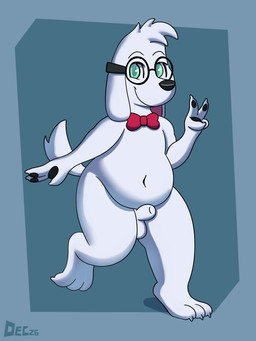 animal_genitalia anthro balls belly bow_tie eyewear fur genitals gesture glasses hand_gesture looking_at_viewer male one_leg_up raised_leg sheath slightly_chubby solo standing v_sign white_body white_fur december_dreams jay_ward_productions mr._peabody_and_sherman mr._peabody canid canine mammal 3:4 hi_res
