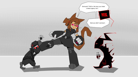 ambiguous_gender angry annoyed anthro armor armored_boots armwear bandage bandaged_chest bandaged_head belt black_armwear black_body black_boots black_clothing black_footwear black_suit black_topwear boots bottomwear brown_hair clothed clothing coat container cup dialogue drinking drinking_straw eyewear eyewear_on_head female fingers floating_hands footwear fur gauntlets glasses gloves goggles goggles_on_head grey_body grey_skin group hair handwear headgear headwear holding_object kerchief legwear looking_at_another mask open_clothing open_coat open_topwear red_sclera shadow shirt shoes simple_background size_difference smile standing suit sunglasses tail tan_body tan_fur teeth teeth_showing text topwear trenchcoat trio weapon weapon_arm whiskers white_eyes baeenih gameoverse glitch_productions madness_combat a.a.h.w_agent_(madness_combat) hank_j._wimbleton kit_bodega the_auditor_(madness_combat) domestic_cat felid feline felis mammal nevadean_(madness_combat) 16:9 2026 crossover digital_drawing_(artwork) digital_media_(artwork) english_text hi_res tagme widescreen