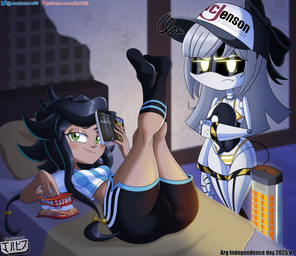 accessory bikini black_hair breasts butt clothed clothing duo female fingers freckles green_eyes grey_hair hair hat hazard_stripes headgear headwear looking_at_viewer machine not_furry ribbons screen screen_face smile soccer_uniform sportswear swimwear tail two-piece_swimsuit uniform white_body yellow_eyes jackintaro crackers_in_bed_pose glitch_productions independence_day_(argentina) murder_drones j_(murder_drones) tessa_elliott disassembly_drone human humanoid mammal robot robot_humanoid tailed_humanoid absurd_res digital_media_(artwork) hi_res