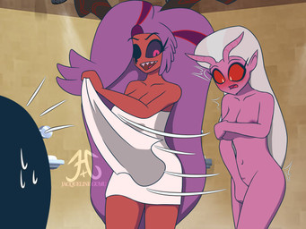2_horns ambiguous_gender areola areola_slip assisted_exposure bent_arm big_areola big_breasts big_eyes big_hair big_horn big_nipples biped black_eyebrows black_horn blind_eye blurred_background blush blush_lines blushing_profusely bodily_fluids breasts collarbone covering covering_breasts covering_crotch covering_self curved_eyebrows curved_horn curvy_figure emanata embarrassed eyebrow_through_hair eyebrows eyelashes female fingers flash_emanata hair horn huge_hair huge_horn humanoid_pointy_ears inside iris light_body light_hair light_skin long_eyelashes long_hair looking_at_another looking_at_self looking_down looking_down_at_self mature_female mature_humanoid monotone_body monotone_skin motion_lines multicolored_hair multicolored_horn navel nipple_slip nipples noseless not_furry nude nude_female nude_humanoid open_mouth open_smile pink_body pink_breasts pink_ears pink_eyes pink_horn pink_skin pink_teeth pointy_ears pupils purple_areola purple_hair purple_nipples purple_sclera red_blush red_body red_breasts red_hair red_horn red_sclera red_skin red_stripes red_tongue sharp_teeth shower smile standing striped_horn stripes surprised sweat sweatdrop teeth text thick_thighs three-quarter_view tongue towel translucent translucent_hair two_tone_horn wearing_towel white_eyes white_hair white_towel wide_eyed wide_hipped_female wide_hipped_humanoid wide_hips jacquelinegumu hellaverse helluva_boss martha_(helluva_boss) mrs._mayberry_(helluva_boss) demon demon_humanoid horned_humanoid humanoid 2025 4:3 artist_name digital_drawing_(artwork) digital_media_(artwork) signature